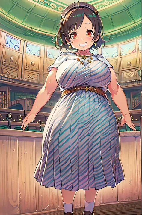 masutepiece, excellent, (of the pulpit: 1.8), Ultra-high-definition CG rendering, Standing, 1 Royal Sister, Woman with short tanned hair, layered dress, Hands folded at the waist, Illustration, Wide-angle panorama,bbw、huge-breasted、A big smile、In class、