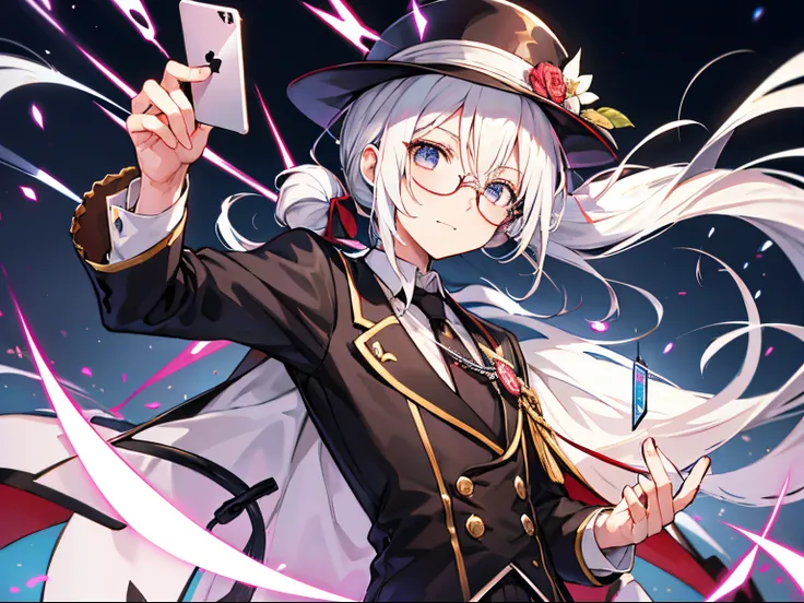 （masutepiece）（high-detail）male in his 20s、white  hair、poneyTail、Hats、tailcoat、neck tie、He wears round glasses with no rims、holding a smartphone in one hand、bright expression、Happily、Background with（It&#39;s like science fiction、Computer LCD screen is float...