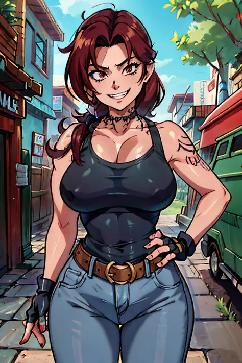 revy, arm tattoo, masterpiece, best quality, absurdres, 1woman, 42-year-old, milf, milf figure, looking at viewer, standing, outdoors, street, hands on hips, teeth, grin, fang, cowboy shot, fingerless gloves, belt