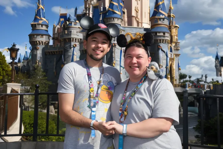 they are posing for a picture in front of a castle, photo taken in 2 0 2 0, disney 8 k photo, photo taken in 2018, vacation photo, with a castle in the background, disney world, magic kingdom, walt disney world, photo from 2022, background is disneyland ca...