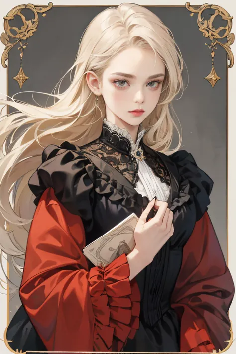 tmasterpiece:1.3), A high resolution, ultra - detailed, extremely detaild的 CG unified 8k wallpapers, poster for，on tarot cards，A woman is，16 yaers old，Wearing Victorian clothing，pale-blonde hair，Long gray hair，Lateral face，staredown，mistic，（The beautiful：2...