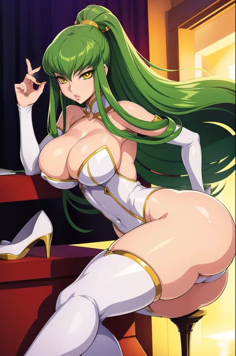 High resolution, Code Geass art style, C.C, 1girl, (((bimbo))), long green hair, beautiful yellow eyes, ear rings, puffy lips, painted lips, thick lips, wide hips, thick thighs, small round breast, huge ass, revealing cleavage, erotic, erotic face, bubble ...