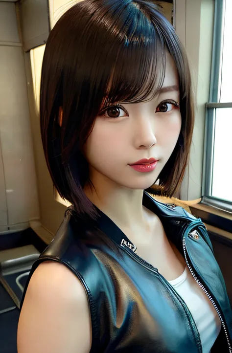 Japanese woman wearing a leather jacket, dressed in short leather jacket, Gorgeous young woman, dressed in leather jacket, Beautuful Women, Wearing a sexy cropped top, She is wearing a leather jacket, beautiful young woman with, wearing cyberpunk leather j...