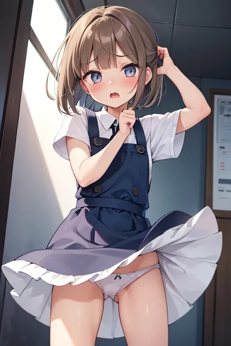 ((open stance)), curtsey, eyes widen, upskirt, 1girl, 14 years old, bob cut, low ponytail,(flipped hair:1.5), light brown hair, light blue pinafore dress, white cotton sporty panty, panty lift, blush, open mouth, flabbergasted,