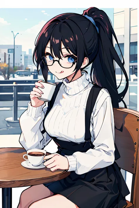 anime girl, black hair, long hair, ponytail, black glasses, blue eyes, medium breasts, white turtle neck sweater, Suspender skirt, black skirt, holding a coffee cup, smiling, flowy hair, windy, cafe background, cute, sticking tongue out, sitting down, tabl...