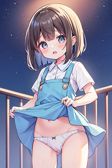 ((open stance)), curtsey, eyes widen, upskirt, 1girl, 14 years old, bob cut, low ponytail,(flipped hair:1.5), light brown hair, light blue pinafore dress, white cotton sporty panty, panty lift, blush, open mouth, flabbergasted,