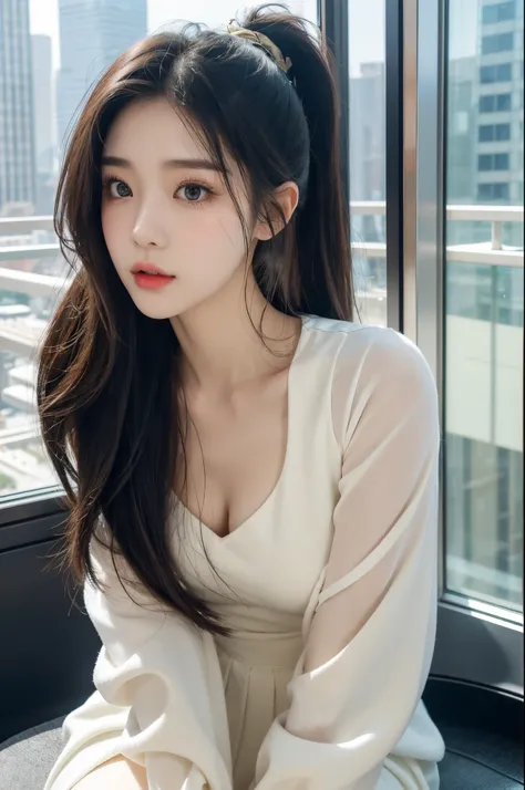 Located in the bustling center of Seoul，Sunlight falls through the clouds，Illuminating the glass facades of high-rise buildings。On the top floor of this skyscraper，There is a kind of dynamic and fashionable Korean urban beauty。She was wearing a tight white...