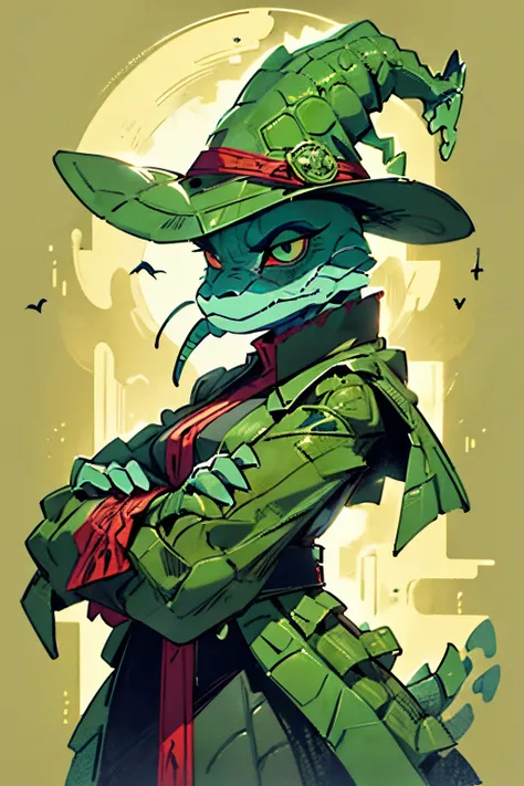 anthropomorphic humanoid crocodile, wearing witch clothes, crocodile face, reptile face, swamp background