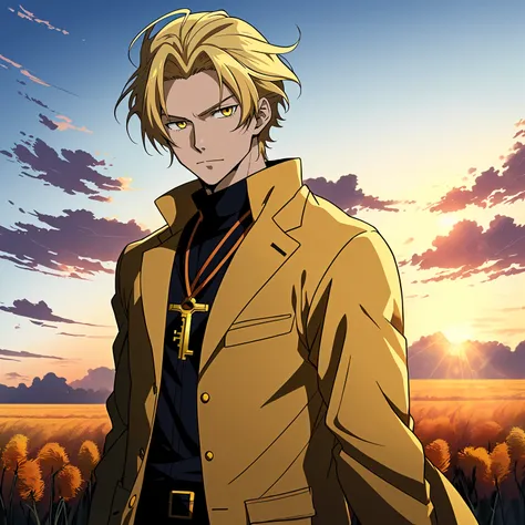 Anime boy in rye field on sunset background, anime handsome man，Blonde hair，Yellow cat eyes，White coat with gold trim, Anime handsome avatar,with a sacred feeling，Official illustration, offcial art, young anime man, Key anime art