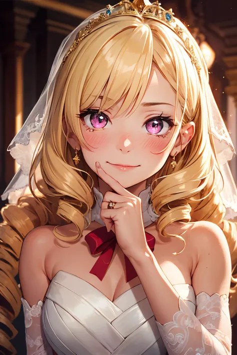 1girl, princess but wear a wedding dress, blonde hair, drill, gold eye, portrait, relief, emotionless, happy expression, pink blush in cheek, red ear, charming, glowing, sidelighting, tears