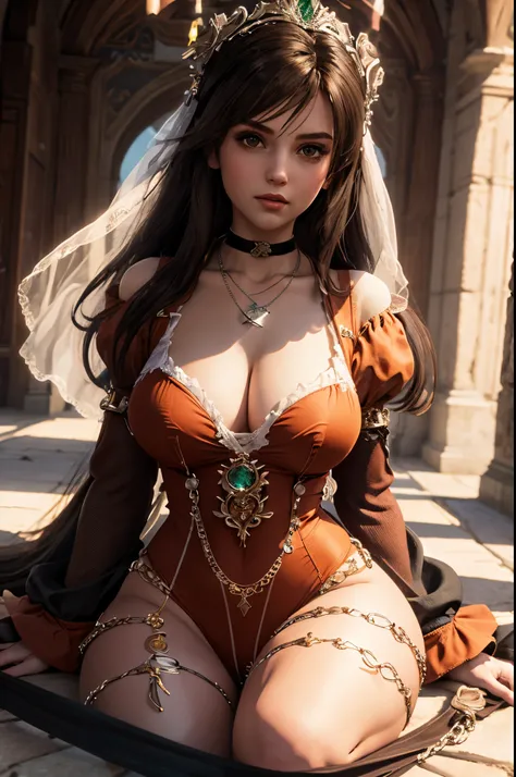 high level of detail, best quality, masterpiece, 1girl, garnet-smf, solo, jewelry, (large breast:1,7), orange bodysuit, bodysuit, choker, long hair, necklace, brown eyes, brown hair, looking at viewer, puffy sleeves, medium breasts, cleavage, long sleeves,...