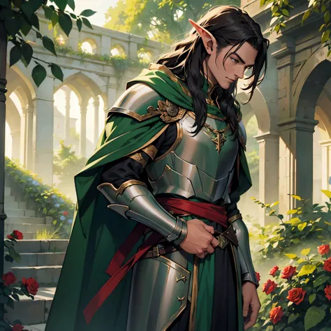 ​masterpiece, Best Quality, Super Detail 4K,loki armor, knight in green cloak....., long hair elf boy, Background with : medieval rose garden