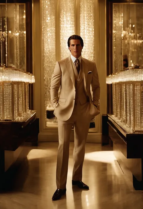 The image is of a wealthy and opulent jewelry store, with Patrick trying on a flashy and ostentatious diamond necklace.,American Psycho,Patrick is a tall, tan, muscular man with slicked back brown hair, and an expensive suit. Looks like Christian Bale