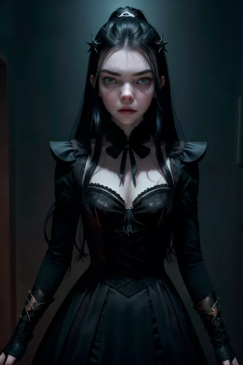 "Generate an AI image depicting Anya Taylor-Joy with a sinister and malevolent demeanor, embodying the character of an evil ripper."