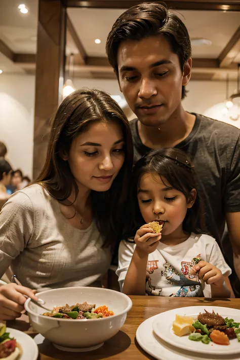 family with two childrens eating food in restorent