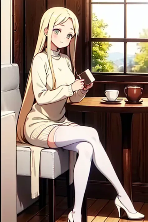 Young, slim, and petite woman with long yellow hair and very light eyes, wearing a white wool sweater that subtly emphasizes her bust, white stockings, and heels. She is sitting at the kitchen table with her legs crossed, enjoying a cup of coffee while gaz...