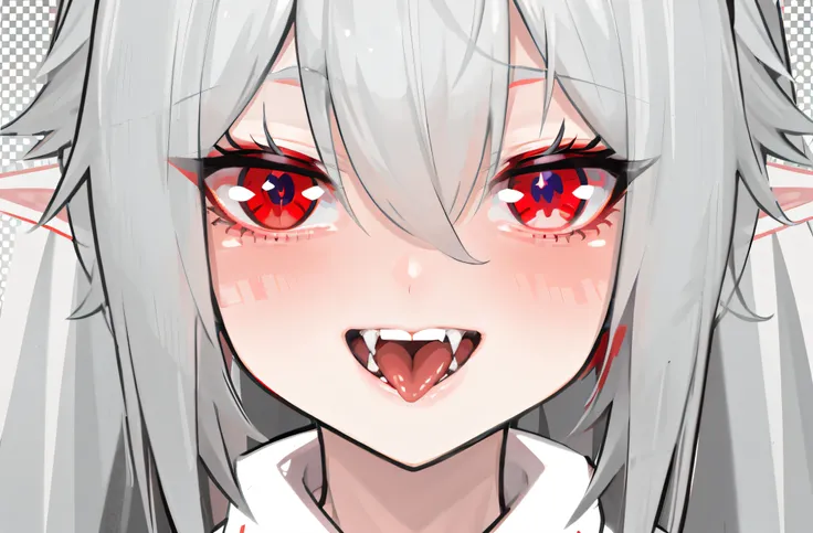 White hair, Red eyes white collar anime girl, Gaimoyedre, Redness of the eyes, red eyes, Red eyes glow, Gormo Adrien Grimdak, evil smile and glowing eyes, Sick, red eyes, ahegao face, Ahegao, luminous red eyes, [[[[Smile evilly]]]],Tongue rest，erotic tongu...