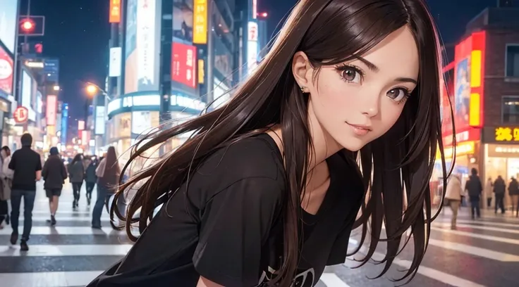 (Best quality at best, A high resolution, tmasterpiece :1.3), one pretty woman, long slim figure, dark brown  hair, tee shirt, (City streets at night), Highly Detailed Face and Skin Textur, 詳細な目, 二重まぶた