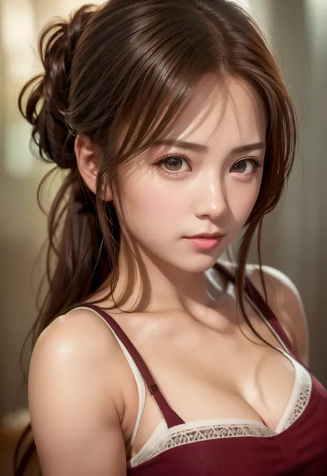 8K, of the highest quality, masutepiece:1.2), (Realistic, Photorealsitic:1.37), of the highest quality, masutepiece, Beautiful young woman, Pensive expression, Gentle eyes, sexy camisole、Hair tied back, Cinematic background,  Light skin tone