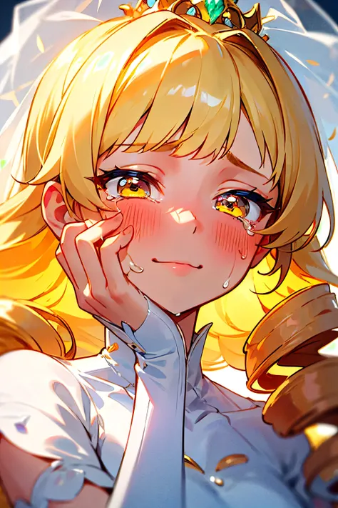 1girl, princess but wear a wedding dress, blonde hair, drill, gold eye, portrait, relief, emotionless, happy expression, pink blush in cheek, red ear, charming, glowing, sidelighting, tears