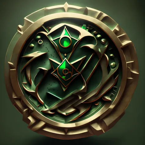 Create a dark green coat of arms. Inside the coat of arms, insert icon of an atom in metallic style, e a palavra "LUMOS", also metallic.