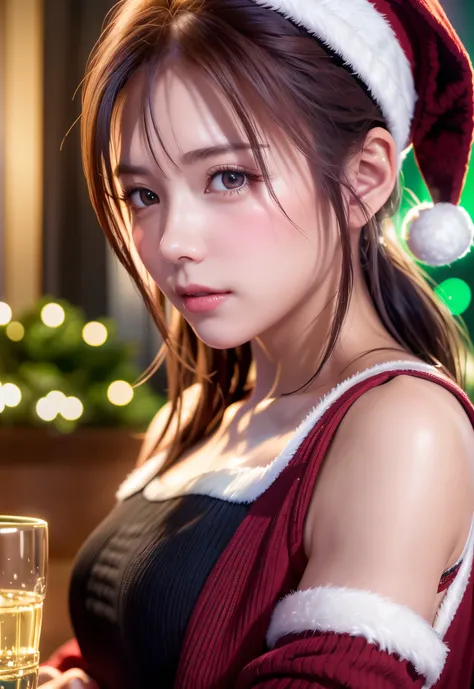 8K, of the highest quality, masutepiece:1.2), (Realistic, Photorealsitic:1.37), of the highest quality, masutepiece, Beautiful young woman, Pensive expression,、A charming、and an inviting look, cute santa clothes, Hair tied back, Cinematic background, Light...