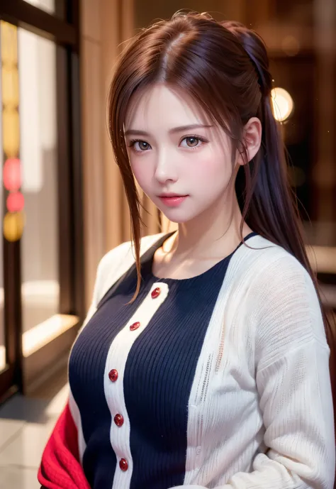 8K, of the highest quality, masutepiece:1.2), (Realistic, Photorealsitic:1.37), of the highest quality, masutepiece, Beautiful young woman, Pensive expression,、A charming、and an inviting look, cute santa clothes, Hair tied back, Cinematic background, Light...