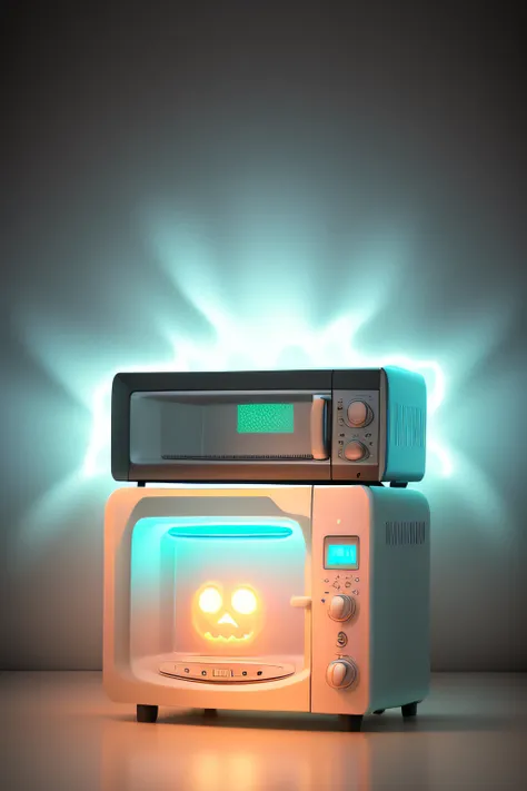 Haunted Microwave，Has a weird and supernatural appearance，(Glow from the inside out), An atmosphere suggesting that the toaster is possessed by a ghost..., dim kitchen background, Spooky like, supernatural elements in images, Ethereal, (floating food），illu...