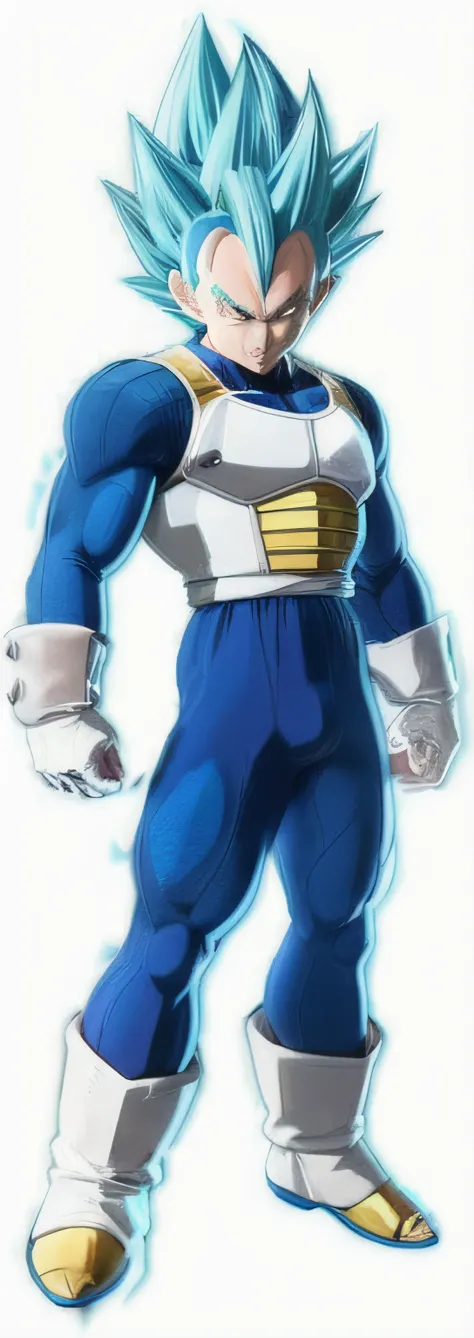 Realistic image of Prince Vegeta, a Super Saiyan Blue, wearing a white and gold Saiyan armor outfit and a blue dress, Realistic portrait of Prince Vegeta, Vegeta, Saiyan armor, Super Saiyan , Dragonball movie character, With blue vegetable head hair, Cinem...