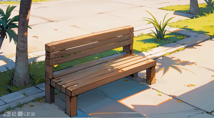 ghibli style background illustration, a wooden bench on the ground, concrete cloor, one palm tree behind the bench, a bit of grass