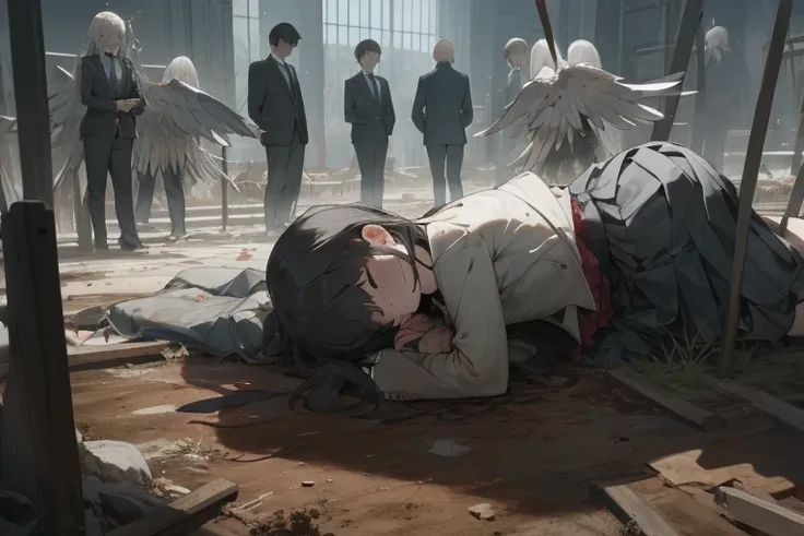 pile of corpses, closed eyes, scenery, perfect anatomy, blazer, pleated skirt, angel, sad, :o, bleed, dirty