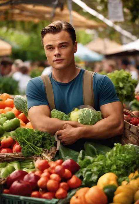 The image is of Di Caprio holding a reusable bag filled with fresh produce at a vibrant farmers market, surrounded by colorful fruits and vegetables.,original,Very handsome young Leonardo Di Caprio