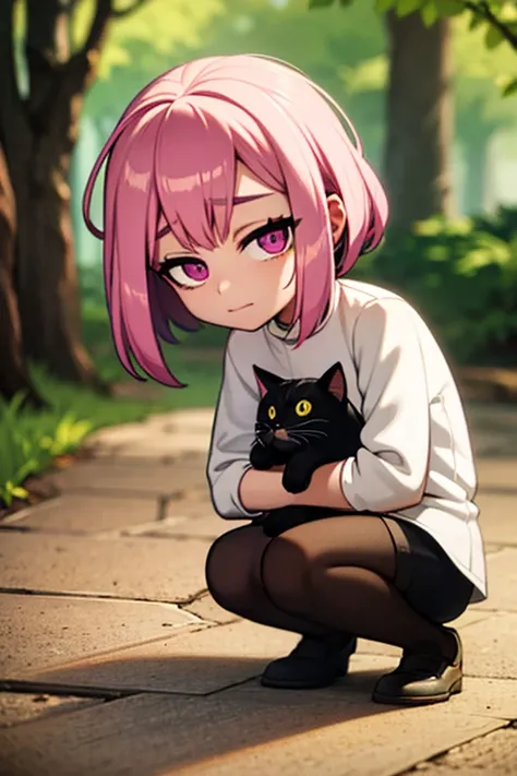 A pink haired woman with violet eyes is holding a black cat in the woods