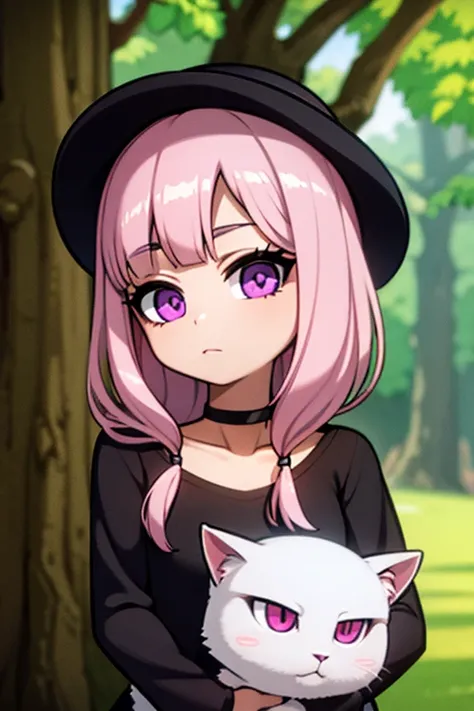 A pink haired woman with violet eyes is holding a black cat in the woods