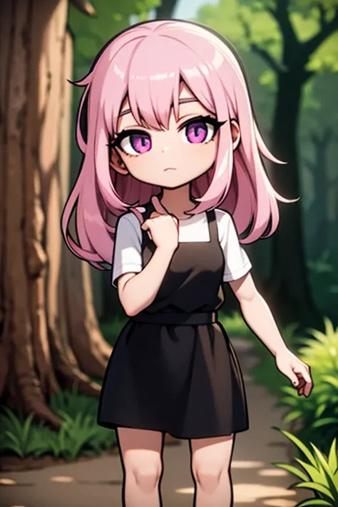 A pink haired woman with violet eyes is holding a black cat in the woods