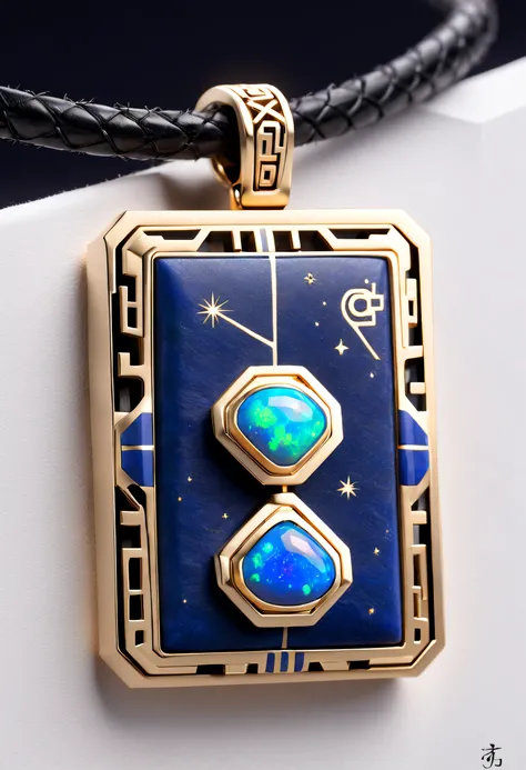 Item design, (Close-up of 8-sided rectangular pendant), (There is a large double opal in the center.: 1.2) a leather cord, Intricate text carving, Black gold border, platinum, lapis lazuli, turquesa, Complex structures, geometric shapes, (Vanke Yabao Const...