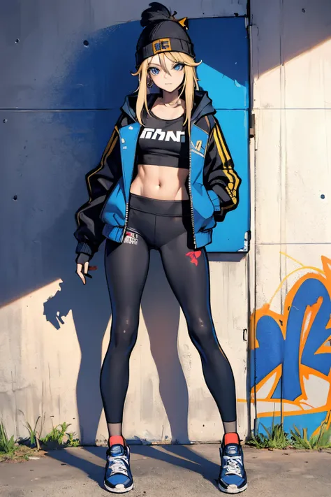 (masterpiece:1.2, best quality), (graffiti wall:1.15), 1lady, beanie, jacket, Leggings, blue eyes, fullbody,