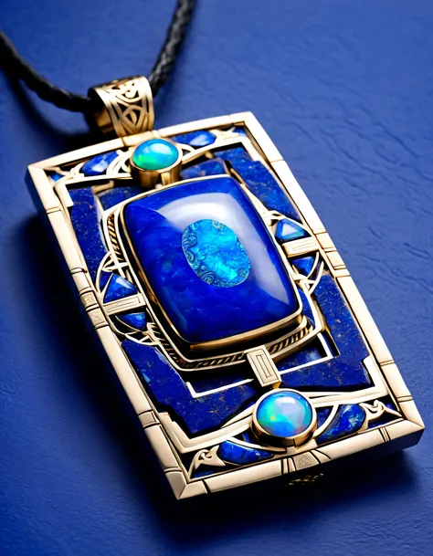 item design, (rectangular pendant close-up), (there is a large double opal in the center.......： 1.2) a leather cord, intricate ...