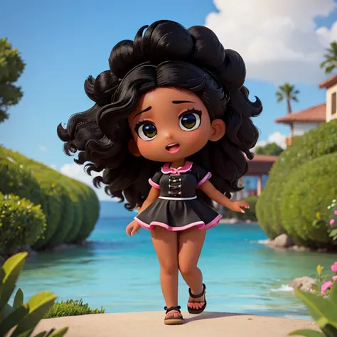 (best quality,ultra-detailed),Beautiful black girl in a summer outfit, with voluminous curly hair, Chibi style, slightly slanted big expressive eyes, full body