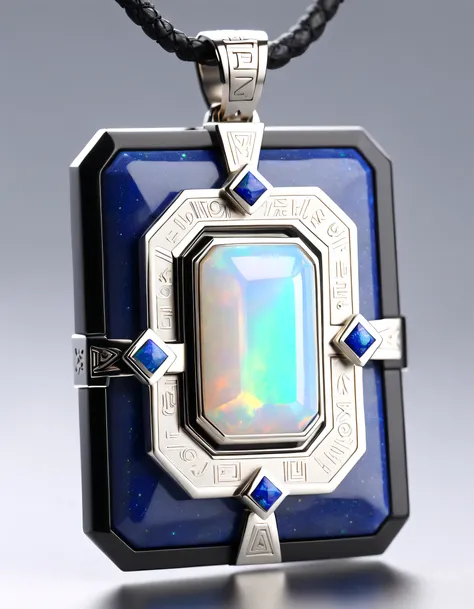 Item design, (Close-up of 8-sided rectangular pendant), (There is a large double opal in the center.: 1.2) a leather cord, Intricate text carving, Black gold border, platinum, lapis lazuli, turquesa, Simple structure, geometric shapes,
(Vanke Yabao Constel...