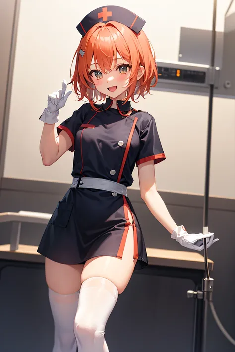 1girl, solo, nurse, nurse cap, white wear, ((white legwear, zettai ryouiki)), white gloves, very short hair, orange hair, smile, open mouth, standing, ((hospital room)), sharp outline, short sleeves, tomboy, boyish, best quality, masterpiece