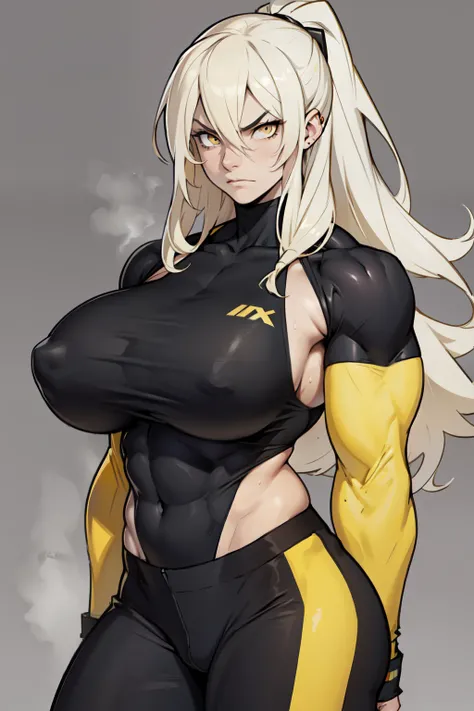 girl (1girl muscular grey background pale skin bodybuilder) toned body huge breasts thin waist black hair yellow eyes straight hair sweaty hair between eyes frowning