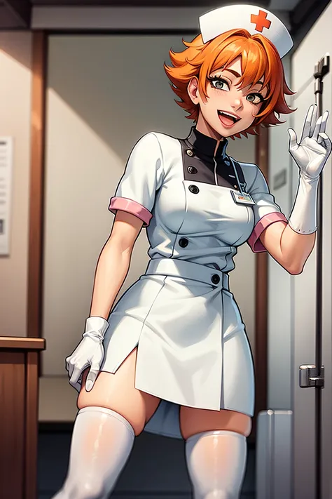 1girl, solo, nurse, nurse cap, white wear, ((white legwear, zettai ryouiki)), white gloves, very short hair, orange hair, smile,...