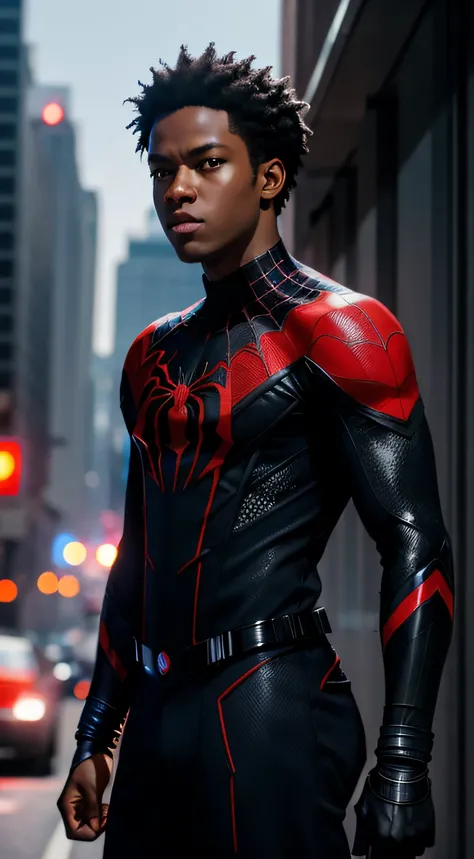 Miles Morales uniform Black Spider-Man Marvel, 35mm lens, photography, ultra details, HDR, UHD,8K