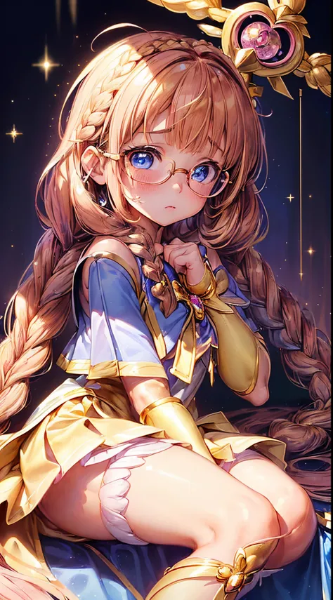 1womanl,Golden head hair,12year old ,((Impatient expression)),Beautiful breasts,(((Magical Girl Costumes)))(,well-styled,,(Facing the front)(((Blushing cheeks、Surprised look)),(((Braids))),((( Portrait from the knee up)))Frameless glasses,Blue eyes,(((Bang...