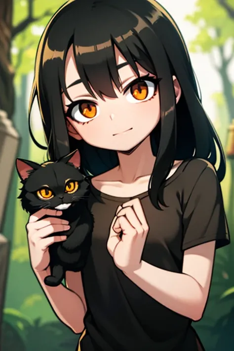 a petite black  haired woman with orange eyes is holding a black cat in the woods