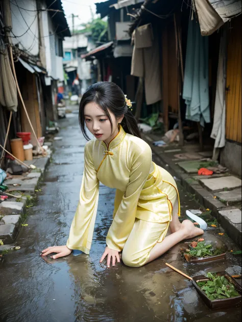 vietnamese woman，Beautuful Women，Crawling on all fours，crawling on hands and knees，Kneeling position，((put out the tongue))，(((Drooling)))，dripping saliva，Kamimei，(((Ao Dai)))，(Landscape of Vietnam)， ((Slums))，surrealism, F/1.2, Fuji Film, 35 mm, 8K, Super...