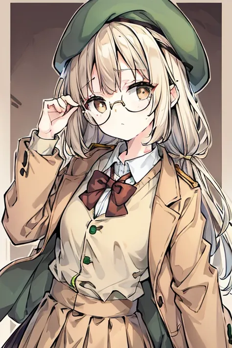 winter,Beige shirt,Glasses with thin rim,White hair,Brown eyes,Brown tie,brown skirt,dark green beret,Dark green jacket,girl with,half-closed eyes