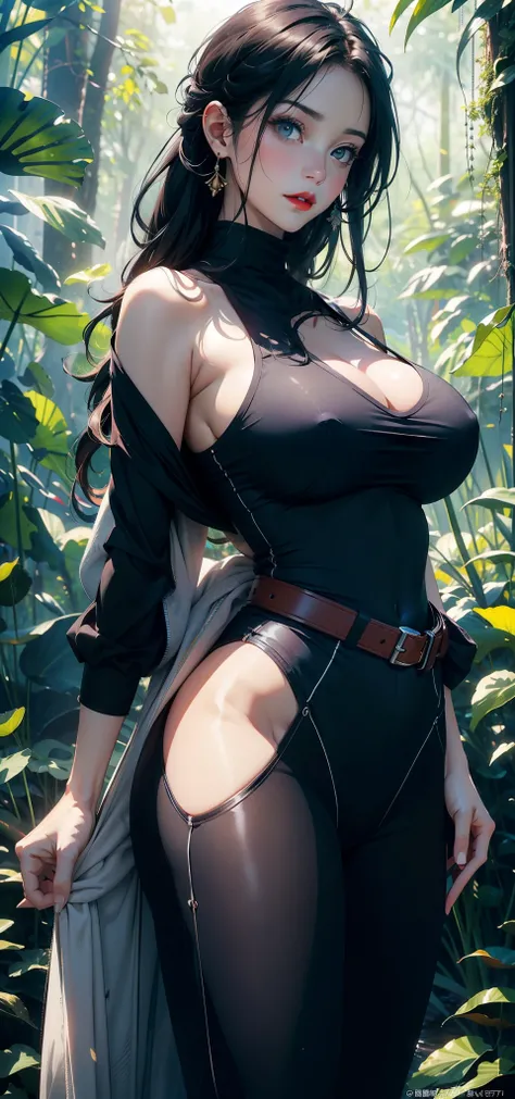 1人の女性，43 yeas old，熟妇，A MILF，The chest is large，long leges，big chest and thin waist，butt augmentation surgery，a little bit chubby， photo exposure， 独奏，（Background with：the rainforest，lotus flower，Ground area water）Stand deep in the forest， She has short blac...