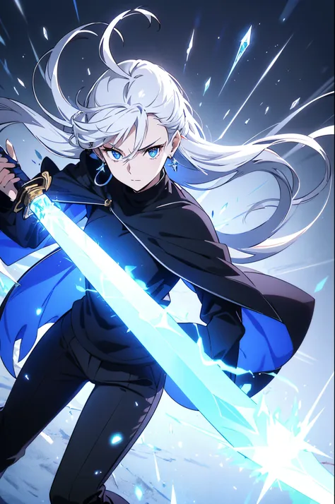 a woman, young, 19 years old, swordsman, long white hair, skin as white as snow, cold gaze, blue eyes like crystal, black sweater, black pants, cape, a crystal sword, earring in her ear, background with blue lights.